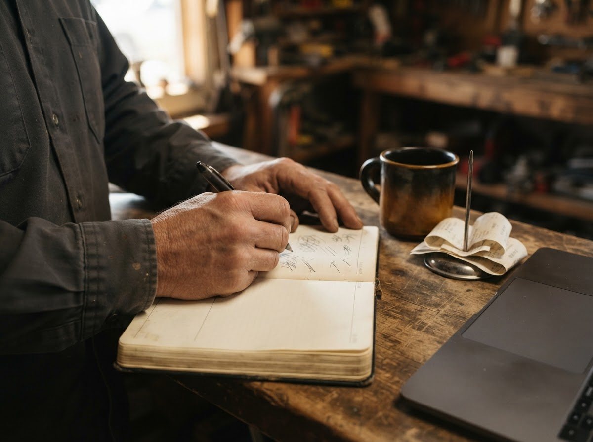 Two hands over a plain paper planner on the same shop counter, one hand holding a pen mid-note, an emptying receipt spike