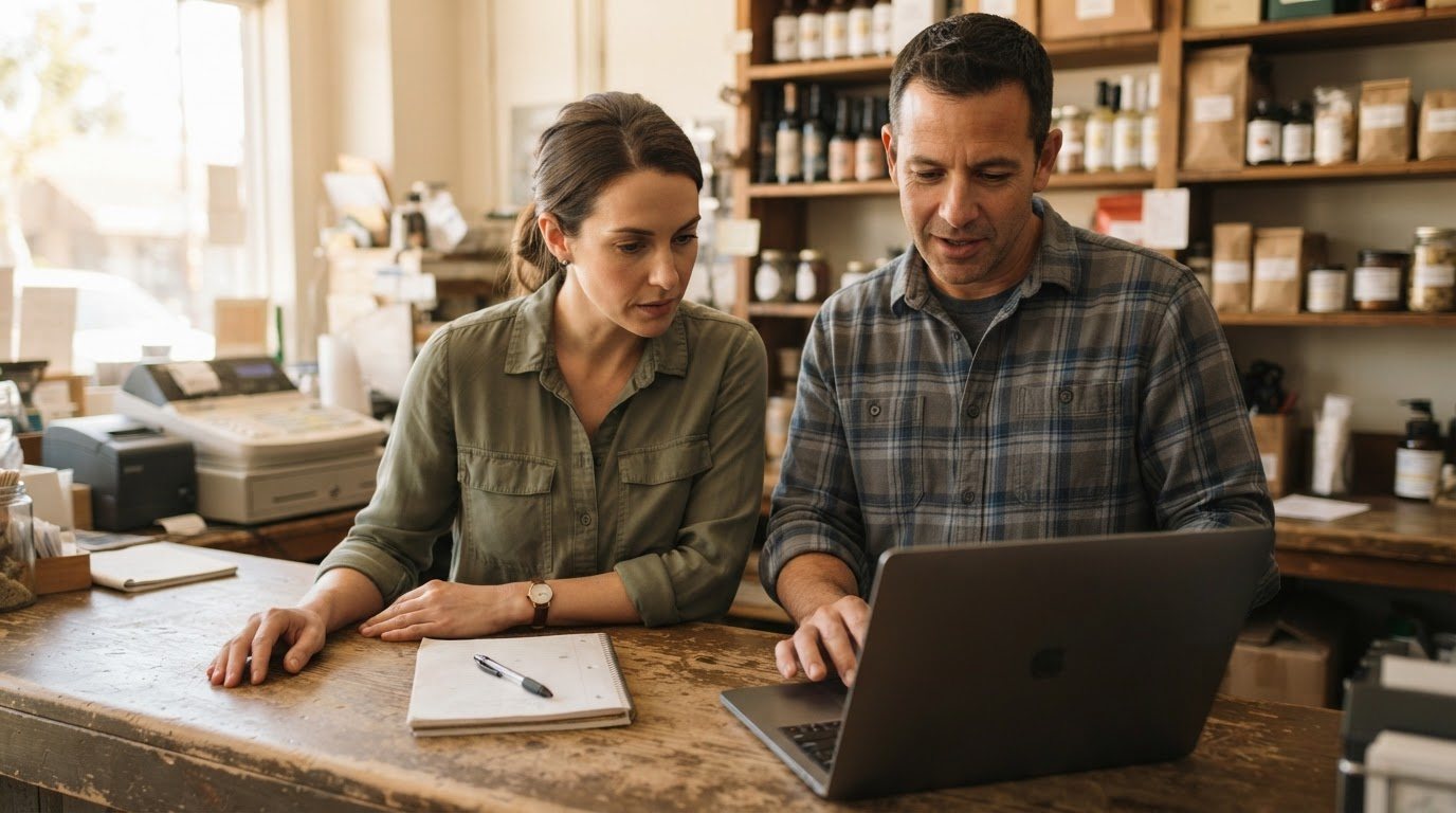 The consultant and that same shop owner standing side by side at the same counter, both looking down at one open laptop
