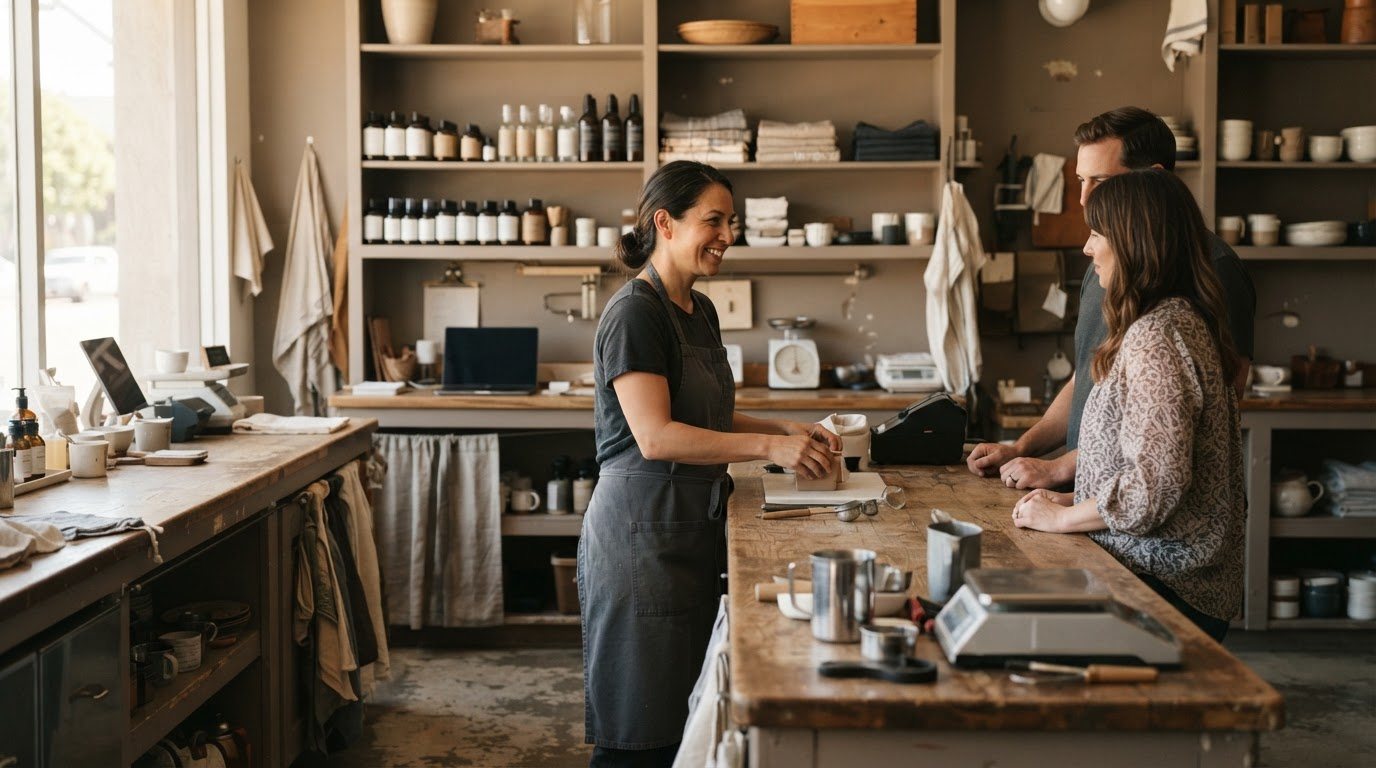 The same shop from the front-of-house side: two or three customers at the counter being served, the owner facing them rather